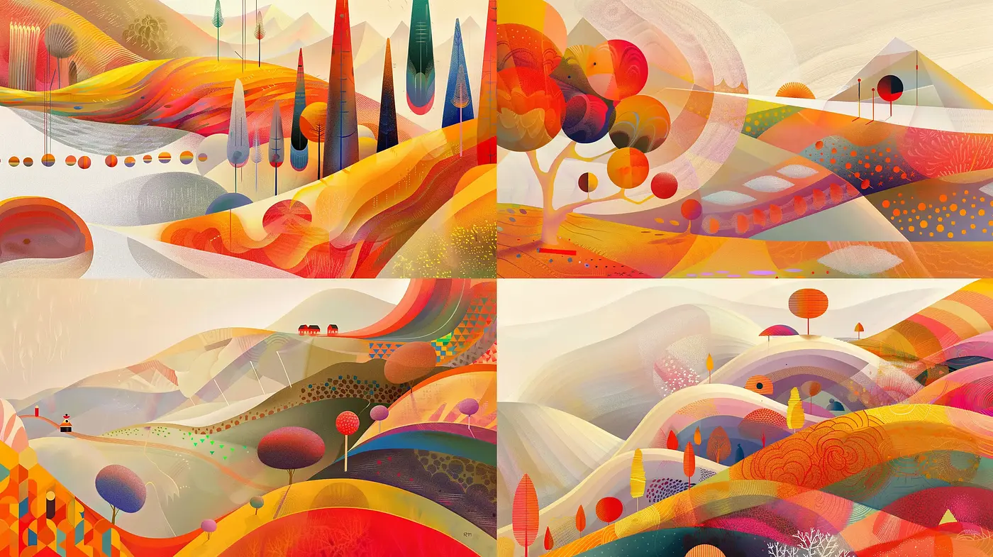 Surreal Chromatic Landscapes: A Harmonious Blend of Whimsy and Geometric Forms - Midjourney sref style