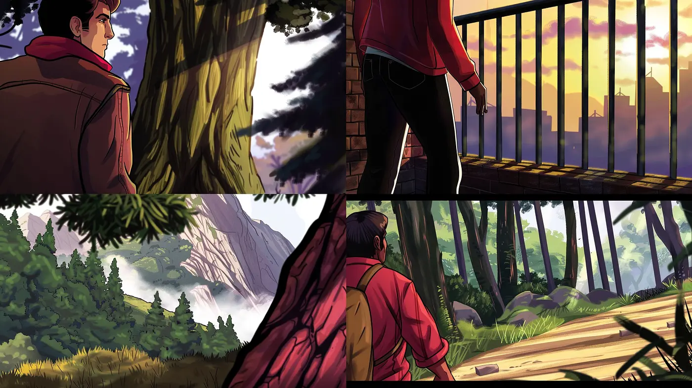 Serene Storybook Illustration with Rich Green and Sunrise Tones - Midjourney sref style