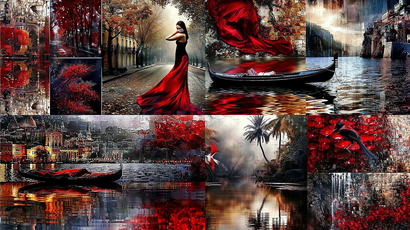 Crimson Reflections in Watercolor Textured Landscapes - Midjourney sref style