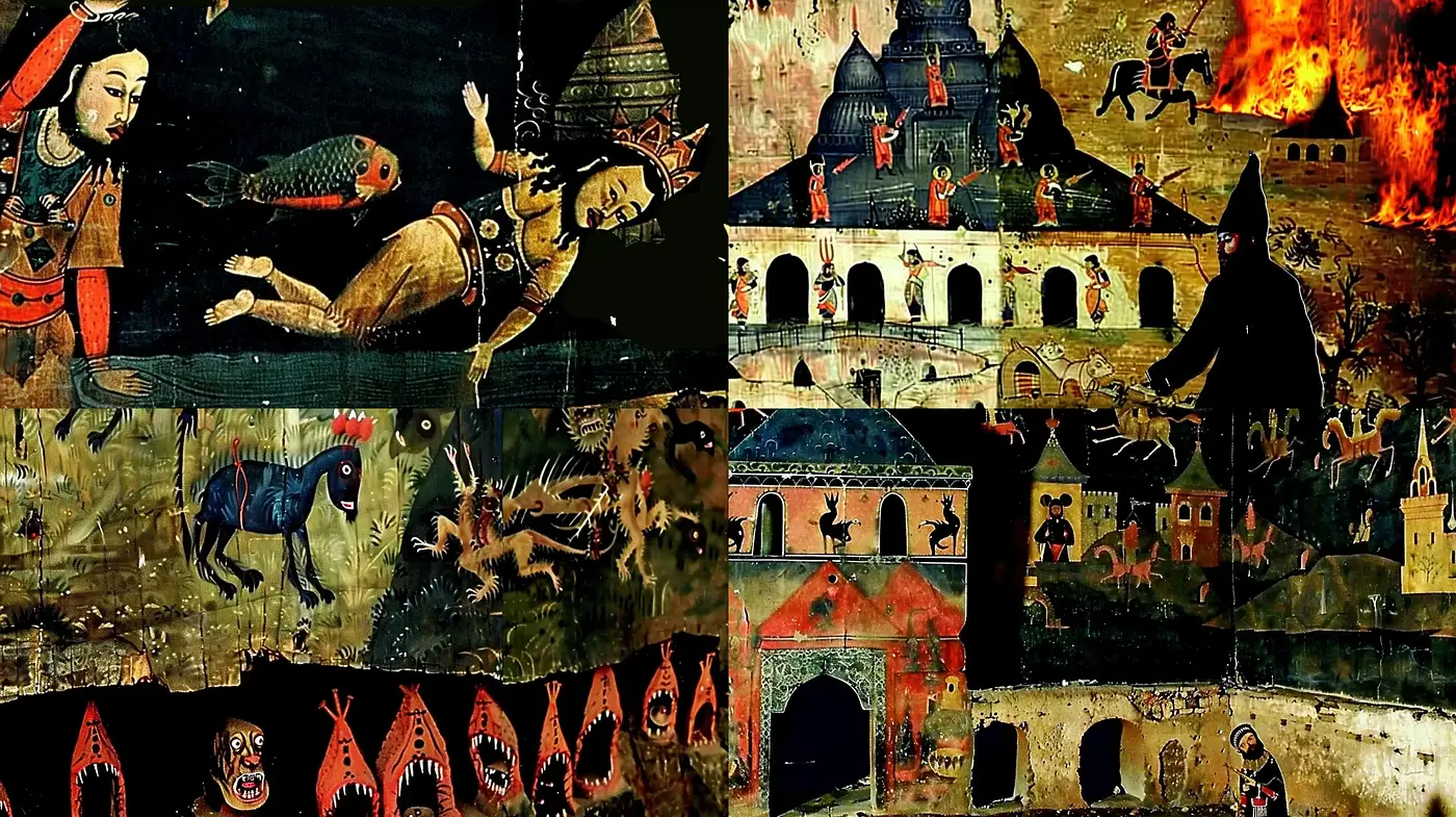 Medieval Tapestry Inspired Digital Collage with Dark Fantasy Undertones - Midjourney sref style