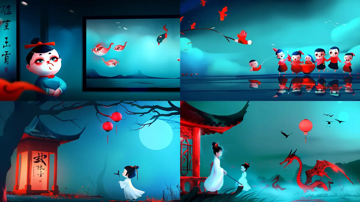 Luminous Eastern Nightscape: A Stylized Ode to Asian Folklore and Mystery - Midjourney sref style