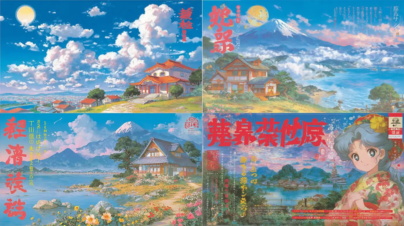 Whimsical Japanese Landscape Illustrations with Nostalgic Aesthetics - Midjourney sref style