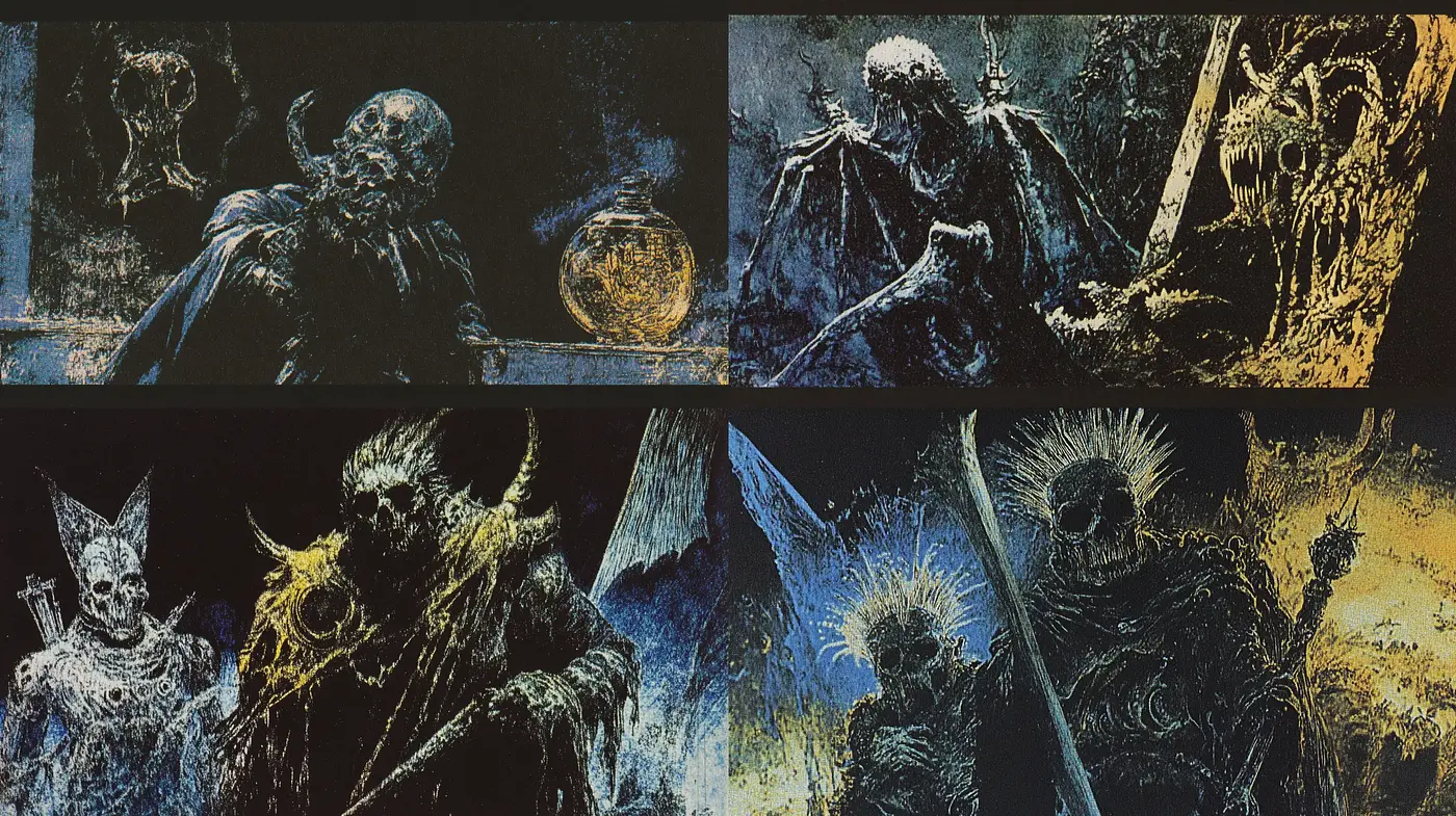 Eldritch Dreamscape: Intertextured Synthesis of Dark Fantasy and Gothic Art - Midjourney sref style