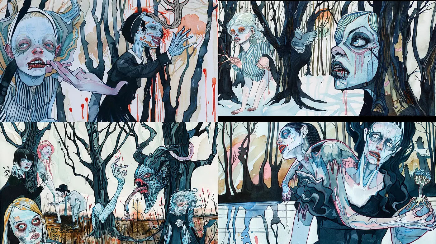 Ethereal Macabre: A Haunting Blend of Gothic Elegance and Distorted Reality - Midjourney sref style