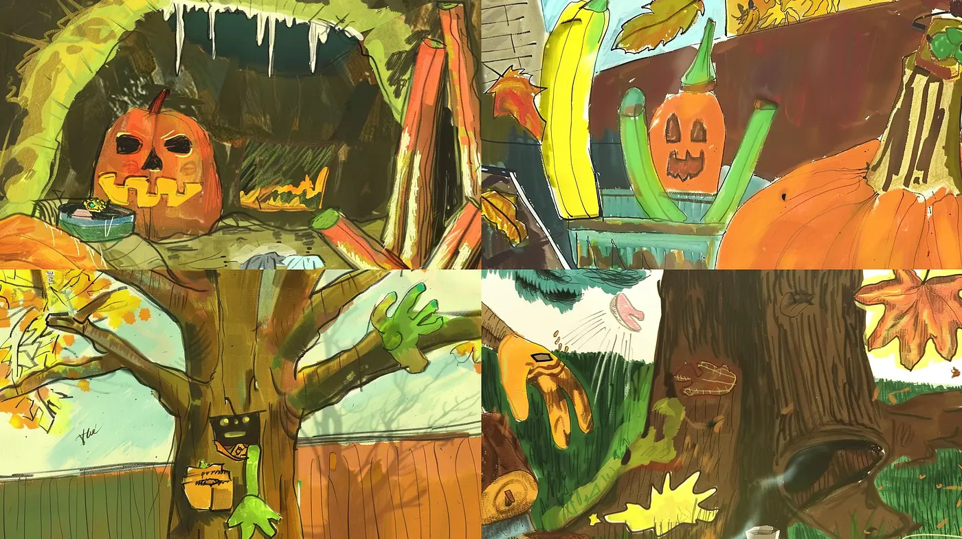 Autumnal Whimsy: Stylized Illustrative Blend of Seasons and Fantastical Elements - Midjourney sref style