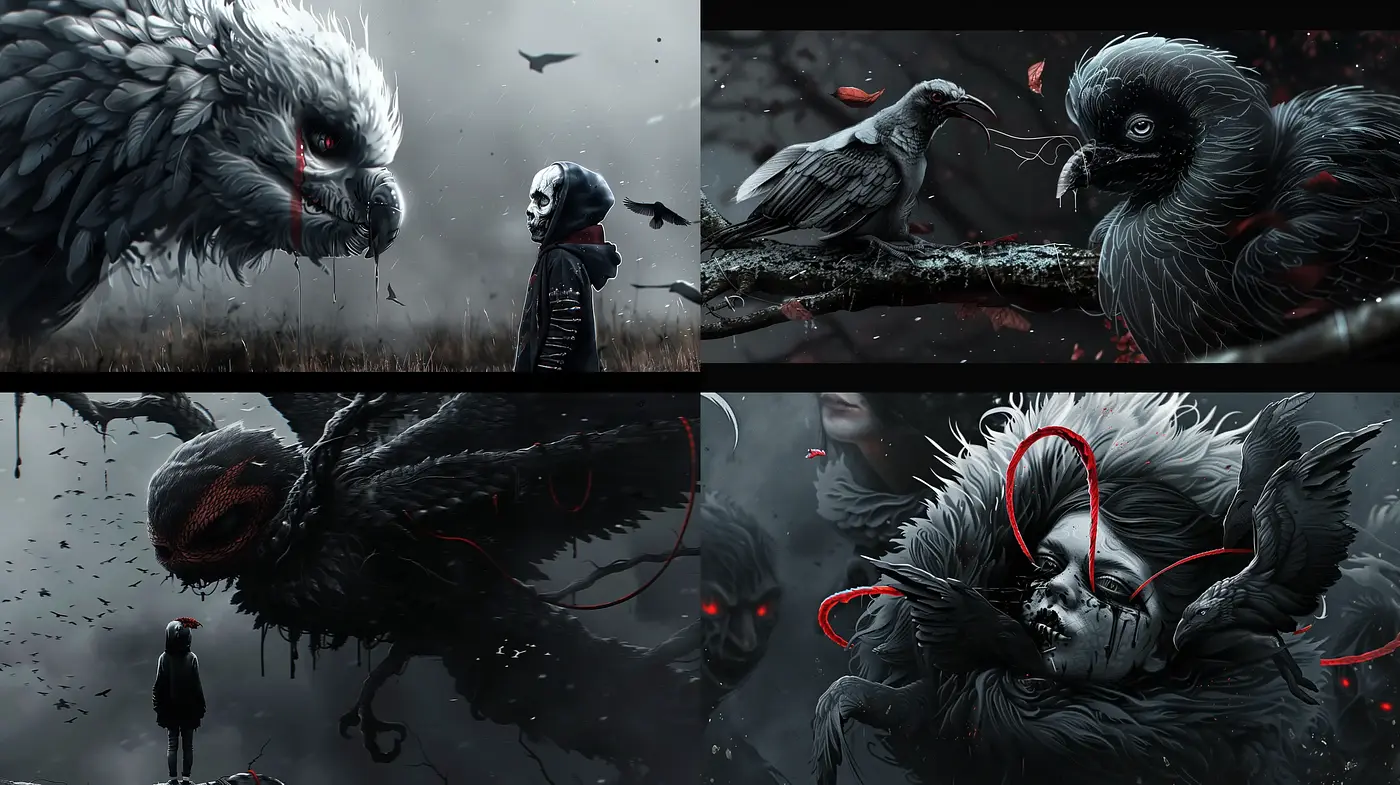 Ethereal Monochrome Dreamscape with Scarlet Accents - Midjourney sref style