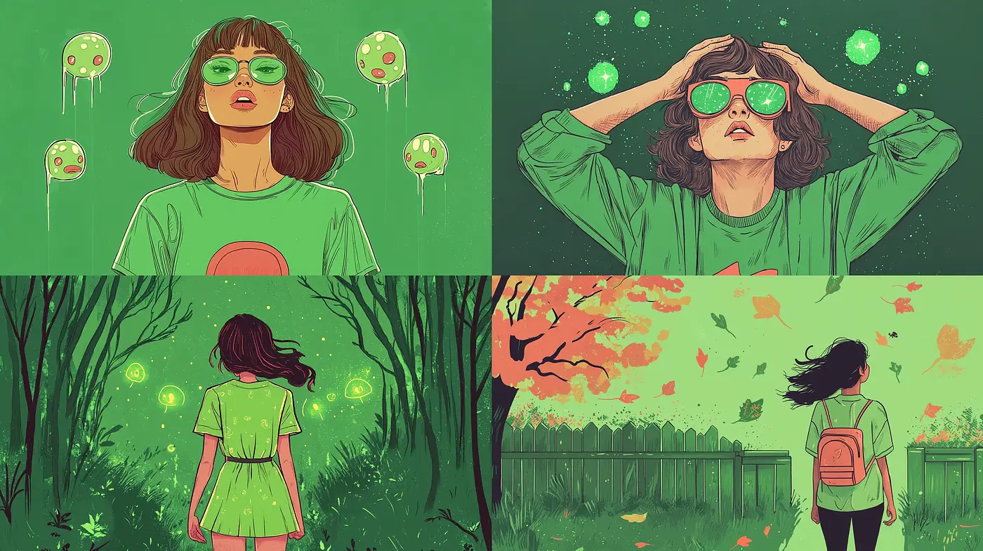 Enigmatic Green-Hued Illustrative Dreamscapes - Midjourney sref style