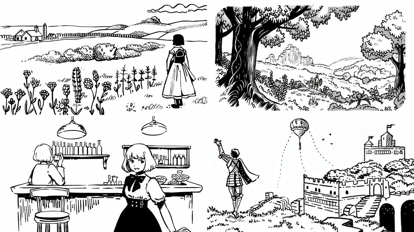 Monochromatic Contours and Ethereal Landscapes: A Homage to Ink Illustrations and Storybook Artistry - Midjourney sref style