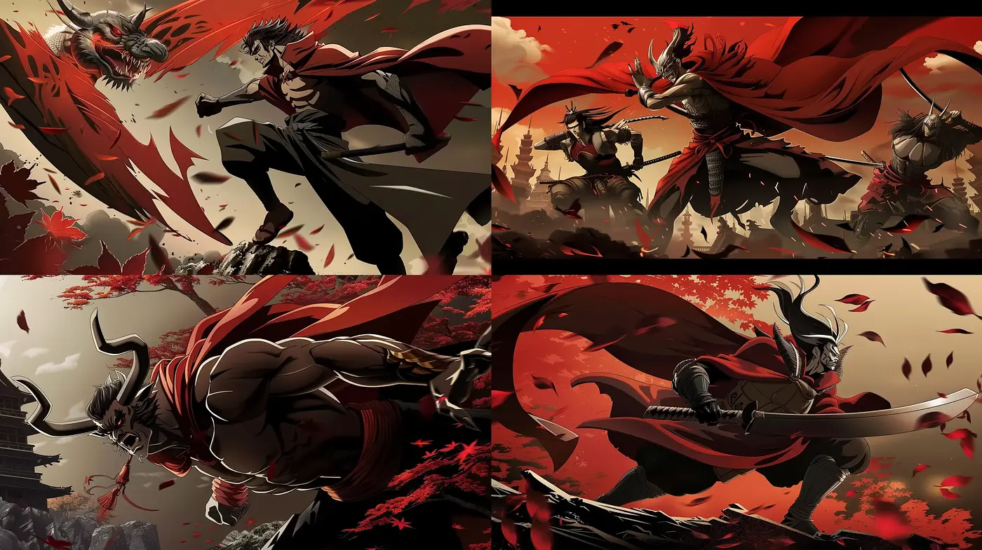 Dynamic Crimson Shadows: A Study in Anime-Inspired Motion and Expression - Midjourney sref style