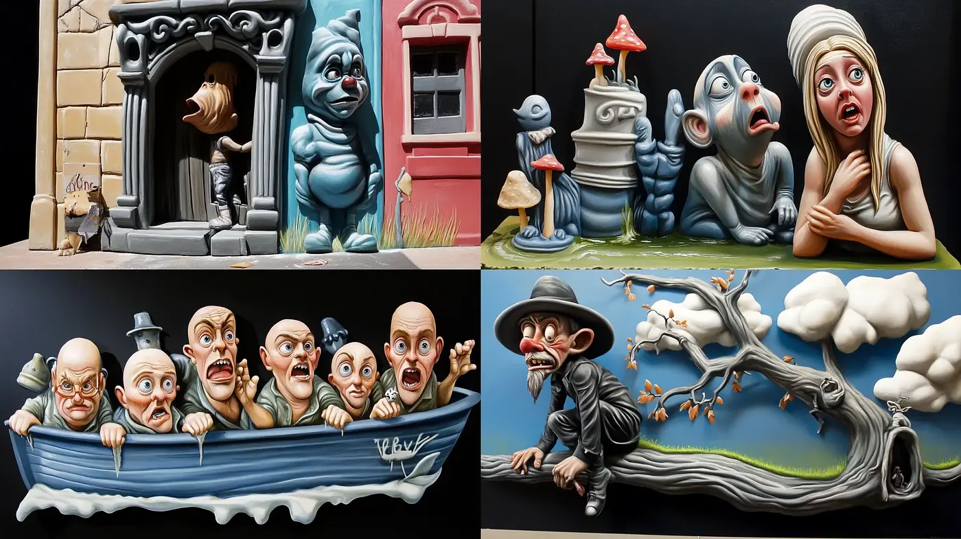 Surrealist Satire in Sculptural Caricature - Midjourney sref style