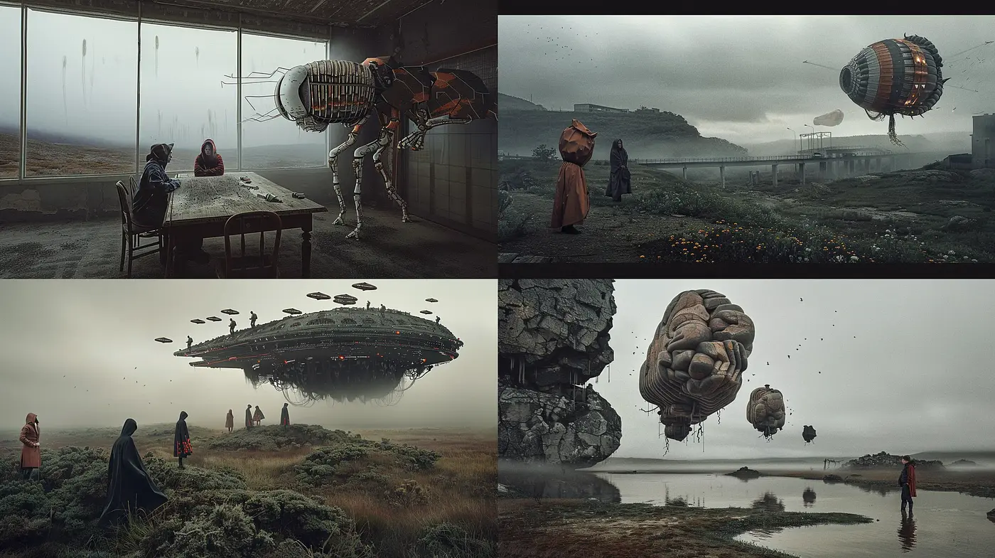 Melancholic Dreamscape: A Surreal Fusion of Sci-Fi and Vintage Pastoral - Midjourney sref style