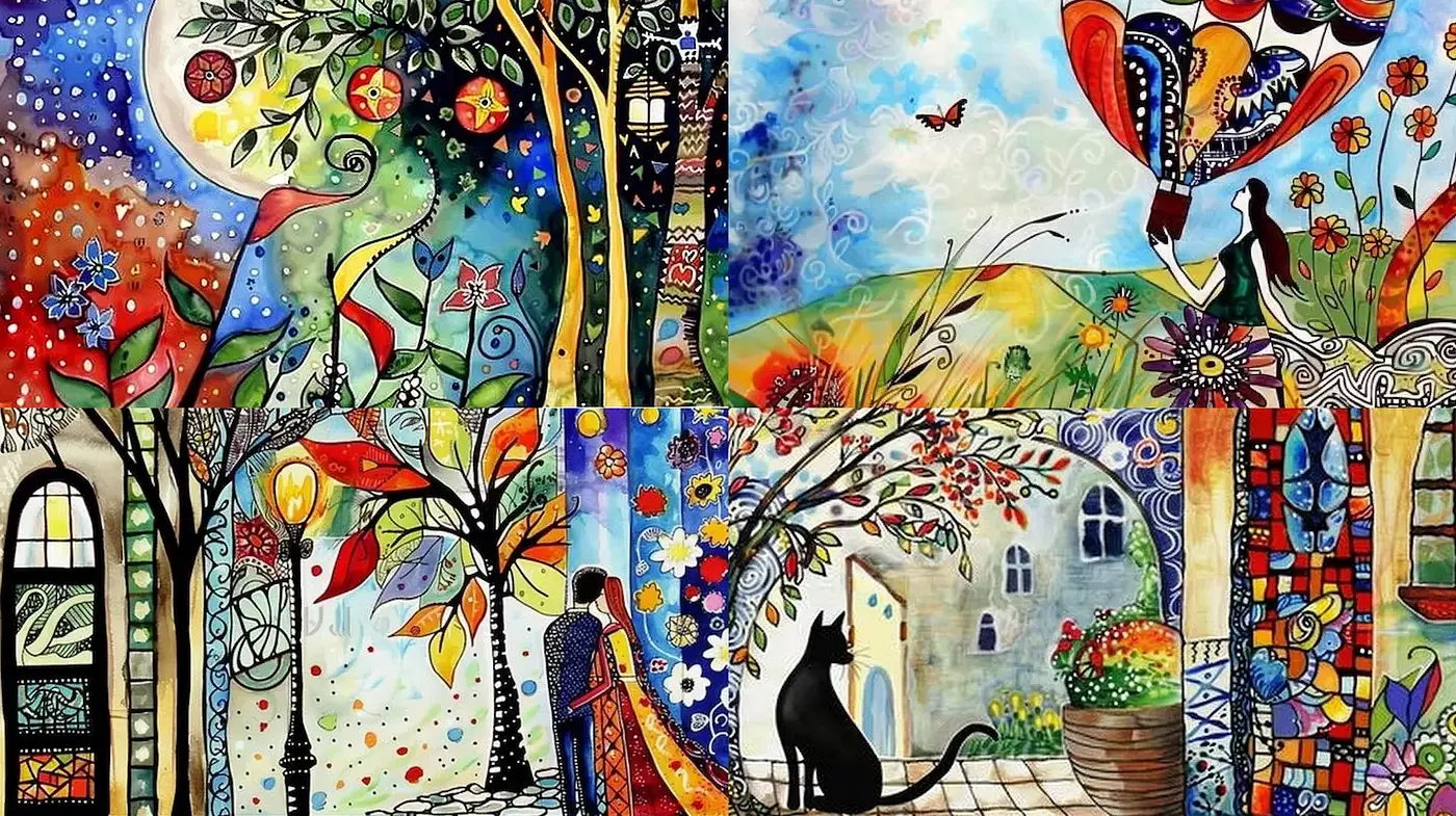 Colorful Whimsical Art with Dynamic Organic Forms and Intricate Details - Midjourney sref style