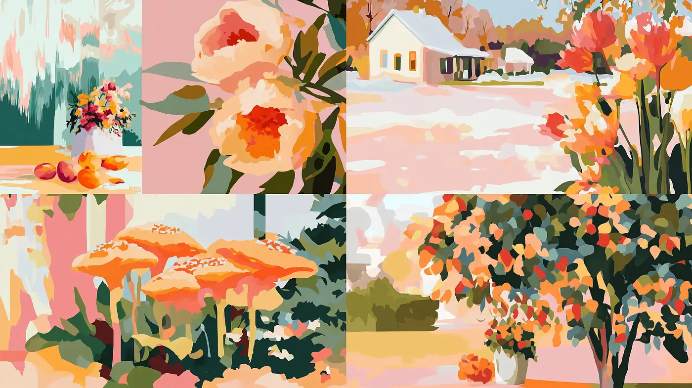 Warm Pastel Panache: A Harmonious Blend of Nostalgic Charm and Modern Abstract Expression - Midjourney sref style