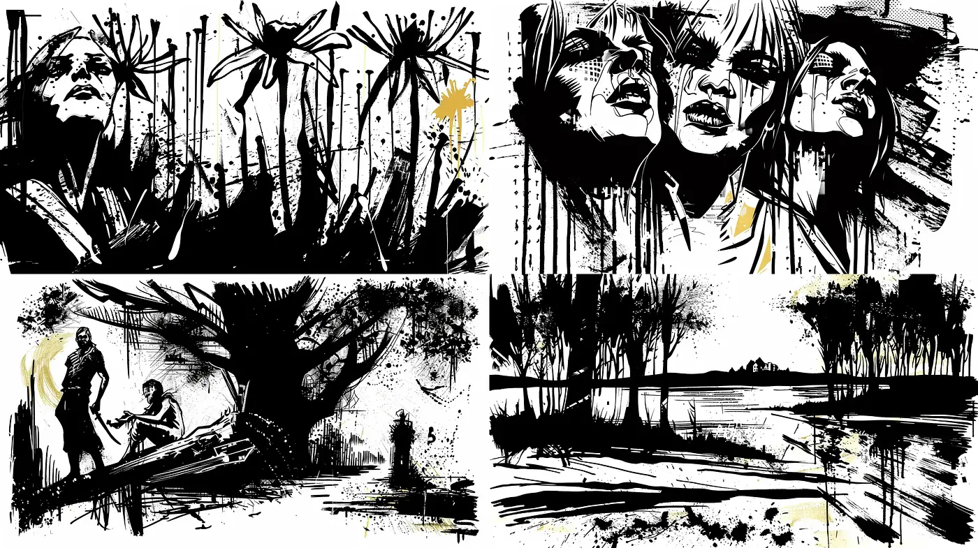 Monochrome Ink Brushstroke Harmonies - Midjourney sref style