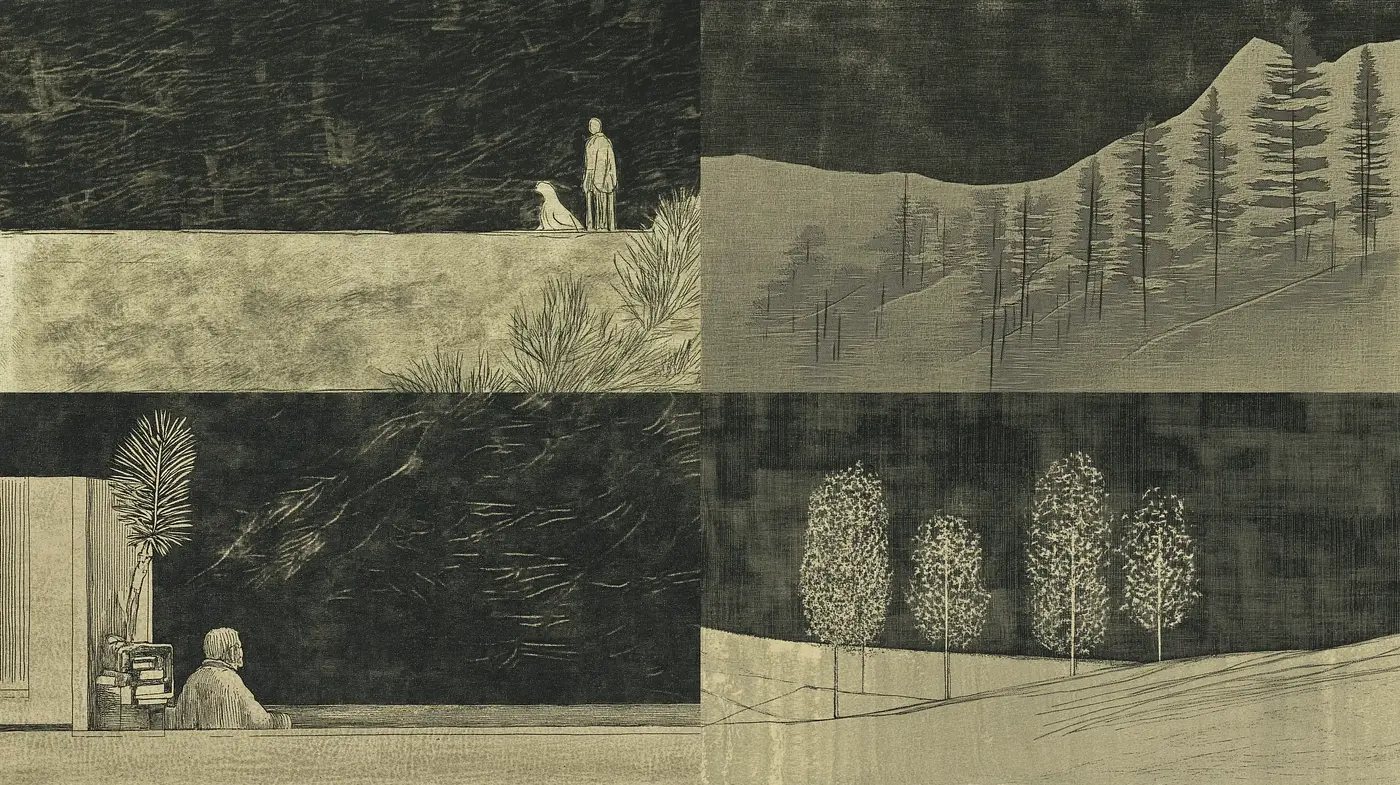 Monochromatic Whispers of Serenity: A Study in Textured Solitude - Midjourney sref style