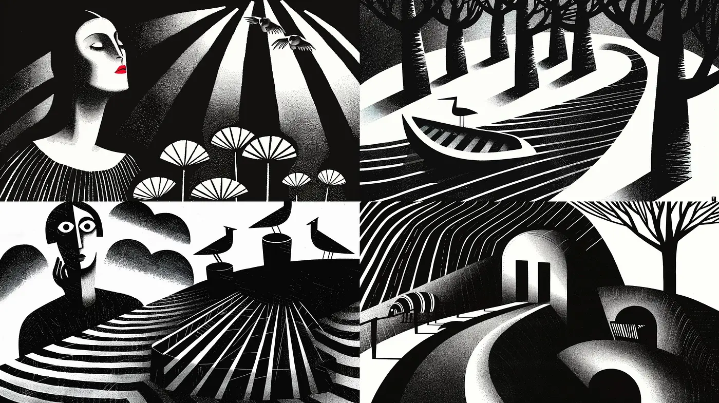 Monochrome Symphonies in Stylized Contrast - Midjourney sref style