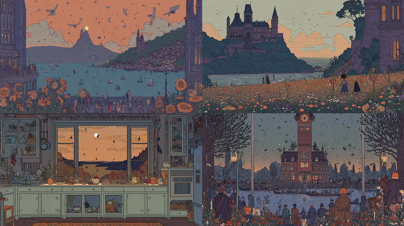 Whimsical and Detailed Illustrated Worlds with Nostalgic Effusion - Midjourney sref style