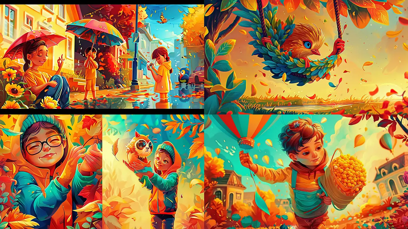 Warm Autumnal Harmony: A Vibrant Blend of Nostalgic and Whimsical Illustrations - Midjourney sref style