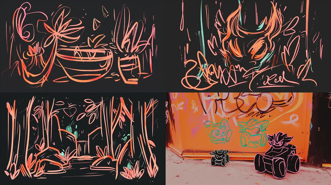 Abstract Neon Graffiti Fusion with a Surreal, Urban Nighttime Ambiance - Midjourney sref style