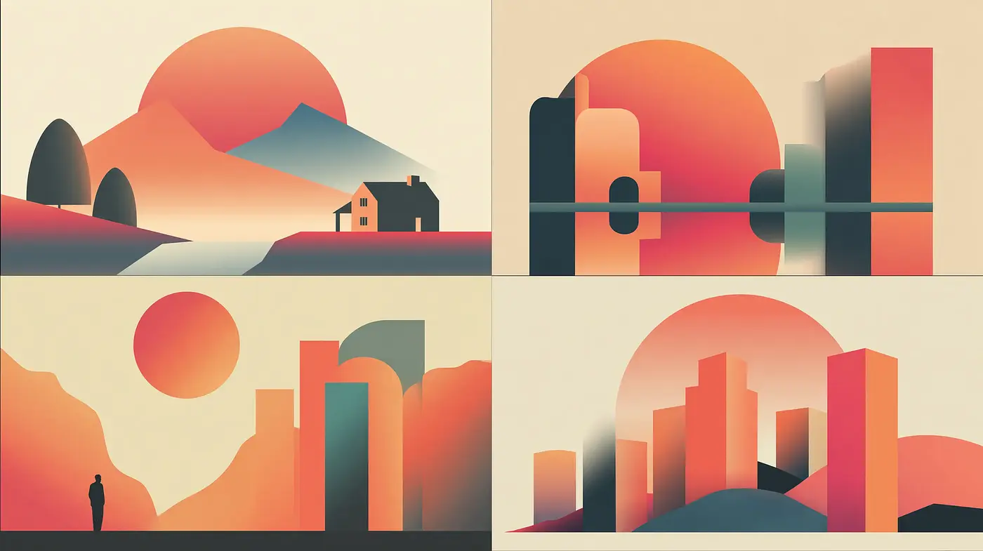 Stylized Geometric Landscapes with a Soft Palette and Retro Vibes - Midjourney sref style