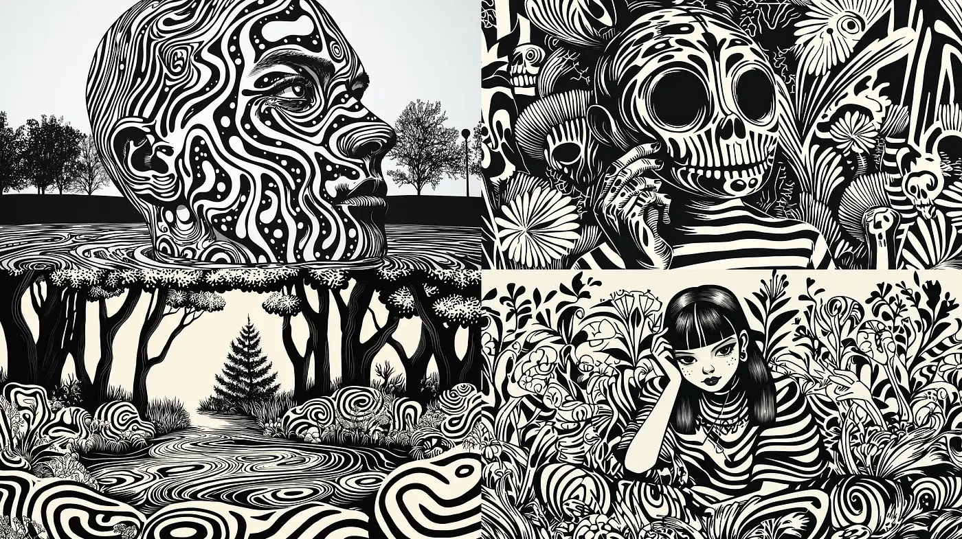 Monochromatic Dreamscape: An Homage to Woodcut Illustration - Midjourney sref style