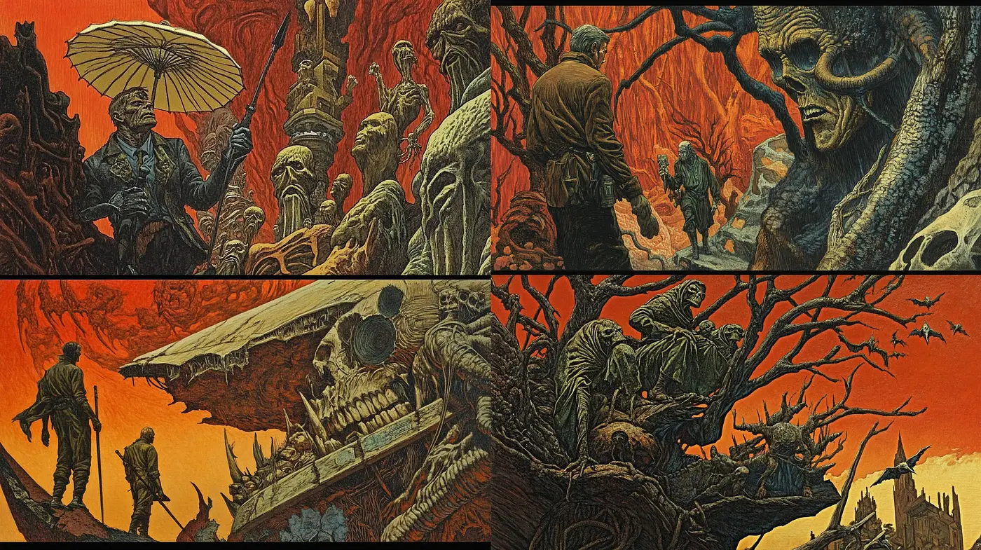 Eerie Macabre Tableau with a Dark Fantasy Twist - Midjourney sref style