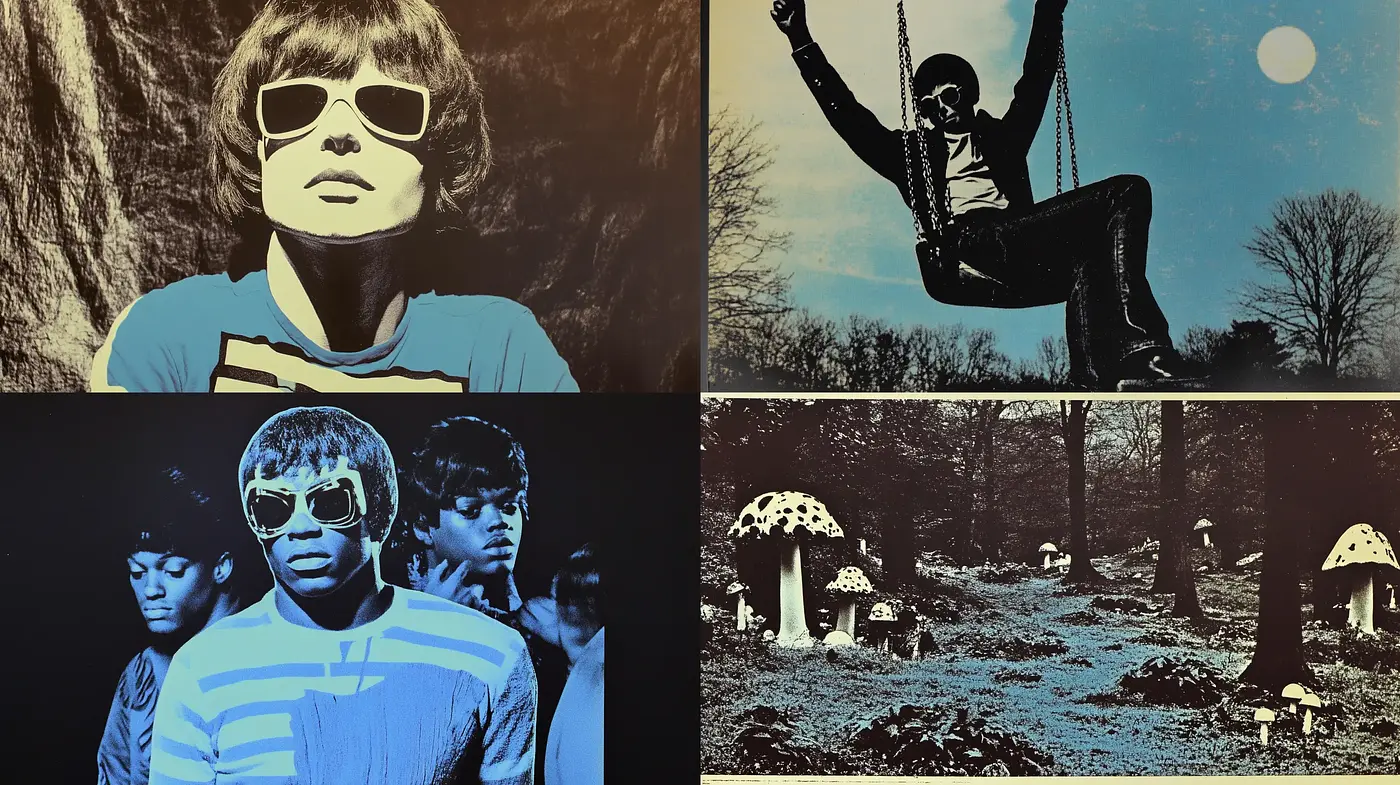 Retro Psychedelic Dreamscape with Grainy Textures - Midjourney sref style