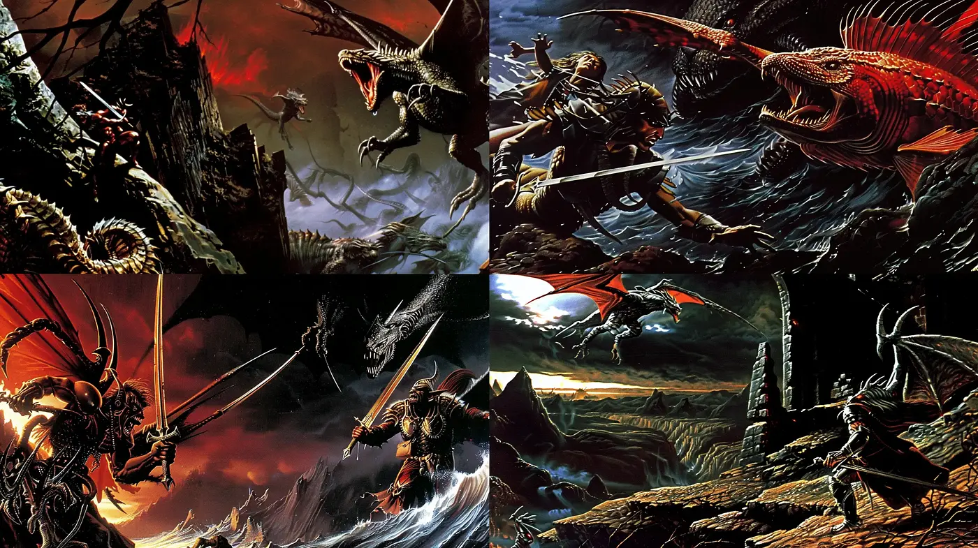 Epic Dark Fantasy with Dramatic Lighting and Detailed Textures - Midjourney sref style