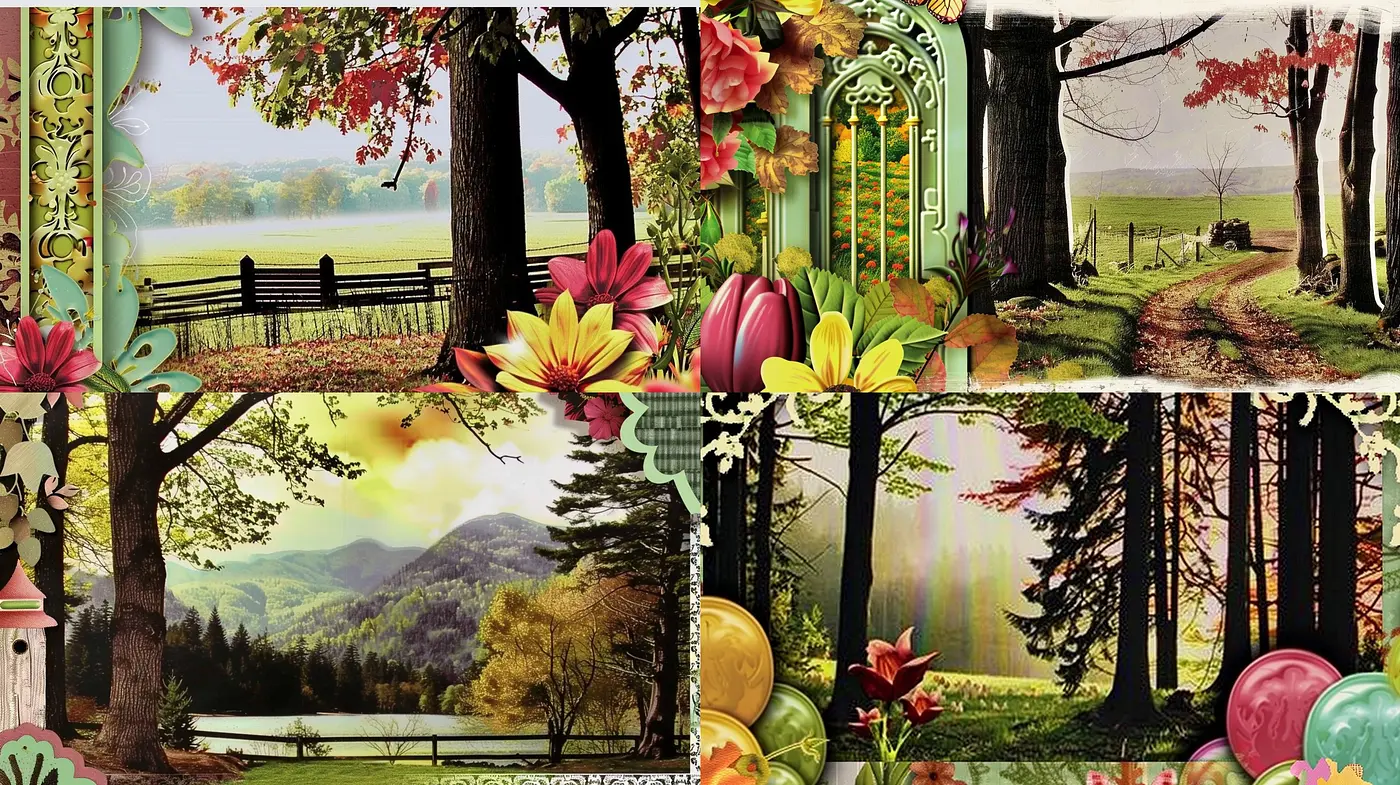 Enchanted Pastoral Dreamscapes: A Medley of Nostalgic Natural Vistas - Midjourney sref style