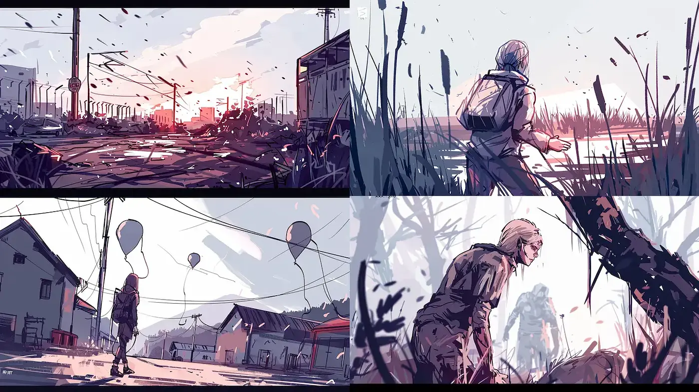 Dynamic and evocative landscape illustrations with a blend of realism and stylized outlines - Midjourney sref style