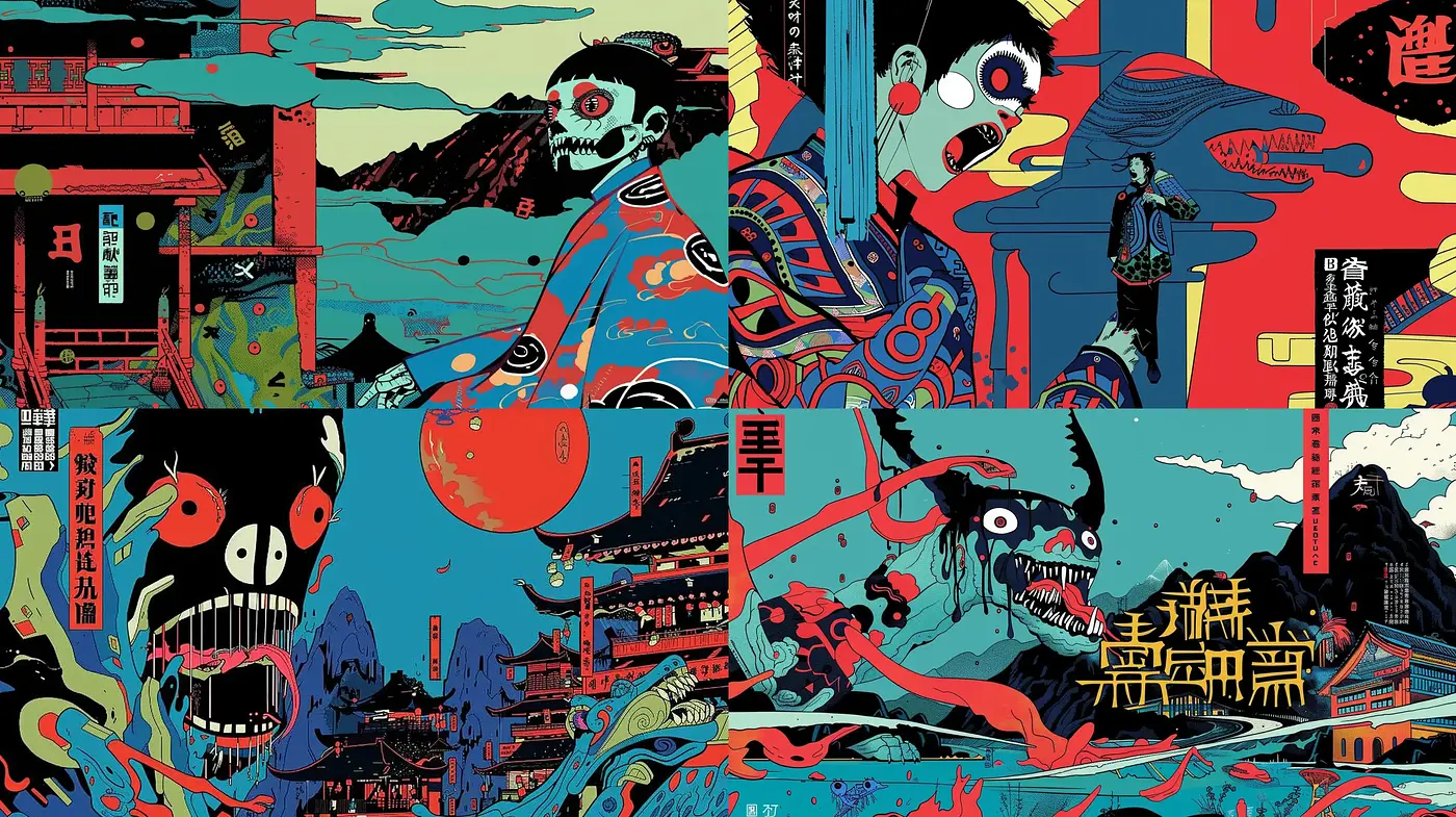 Vibrant Ukiyo-e Inspired Surrealist Panorama - Midjourney sref style