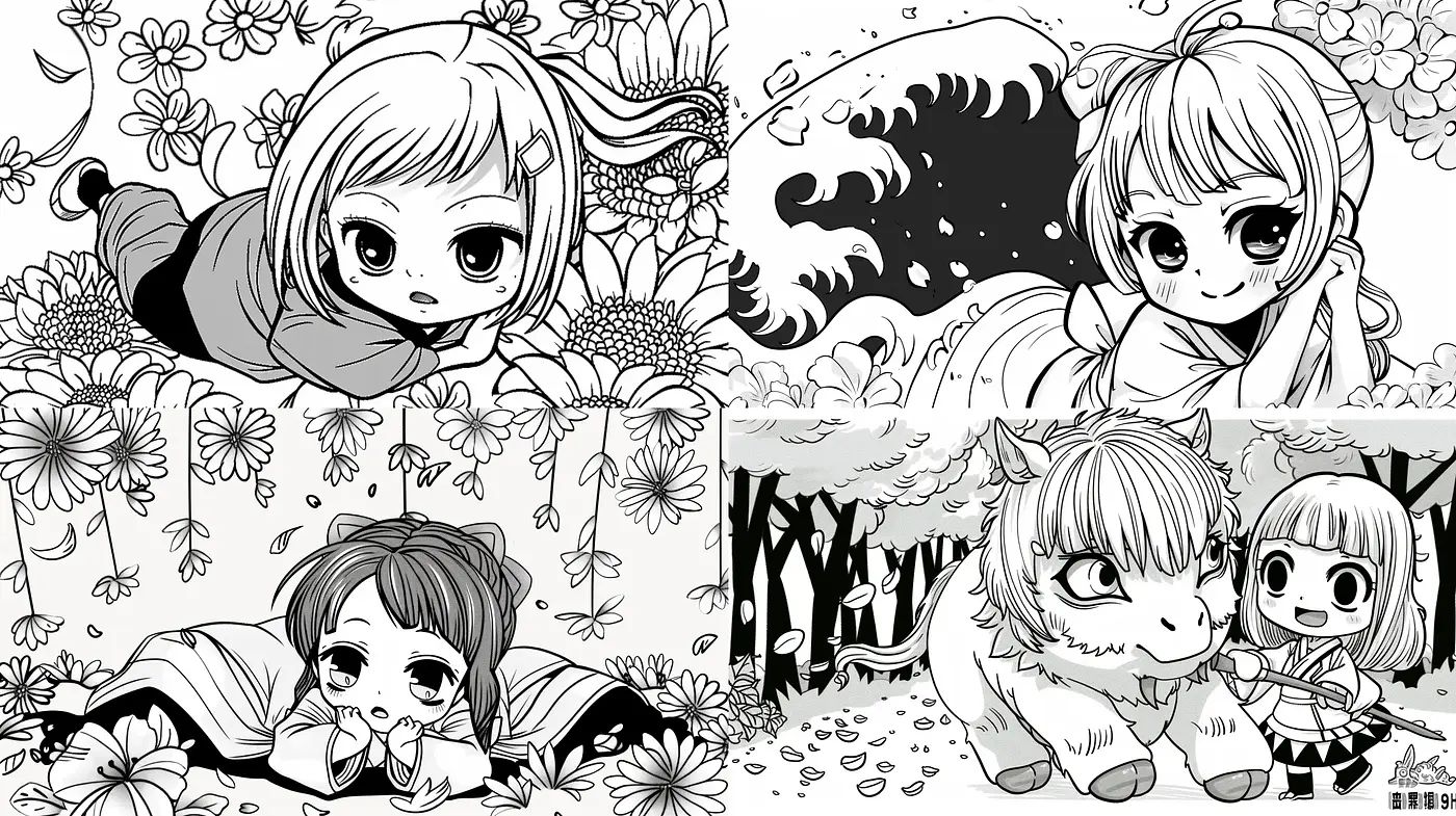 Monochrome Manga-Inspired Illustrations with an Emphasis on Expressive Eyes and Whimsical Scenes - Midjourney sref style