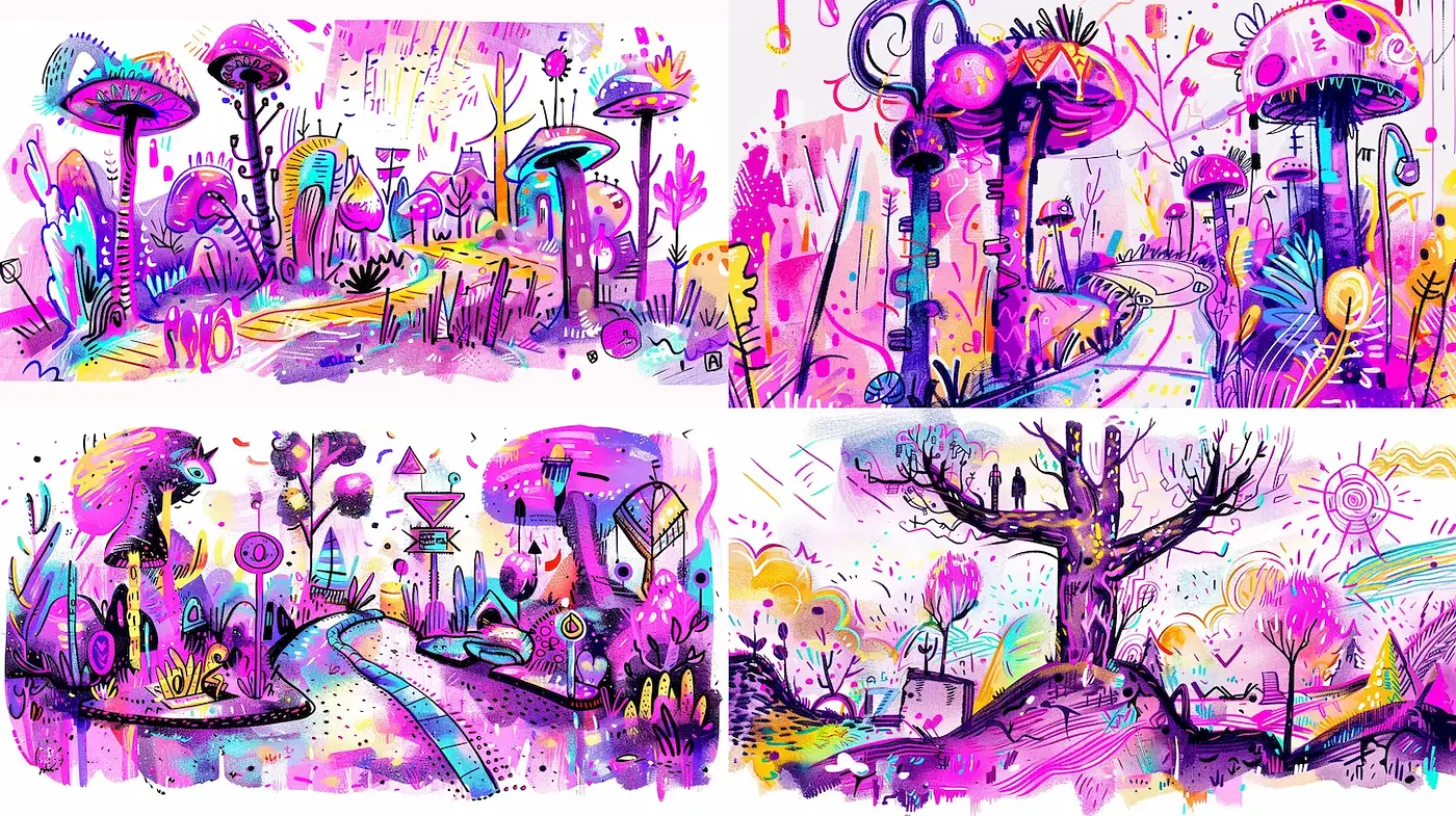 Whimsical neon landscapes with surreal mushroom motifs - Midjourney sref style
