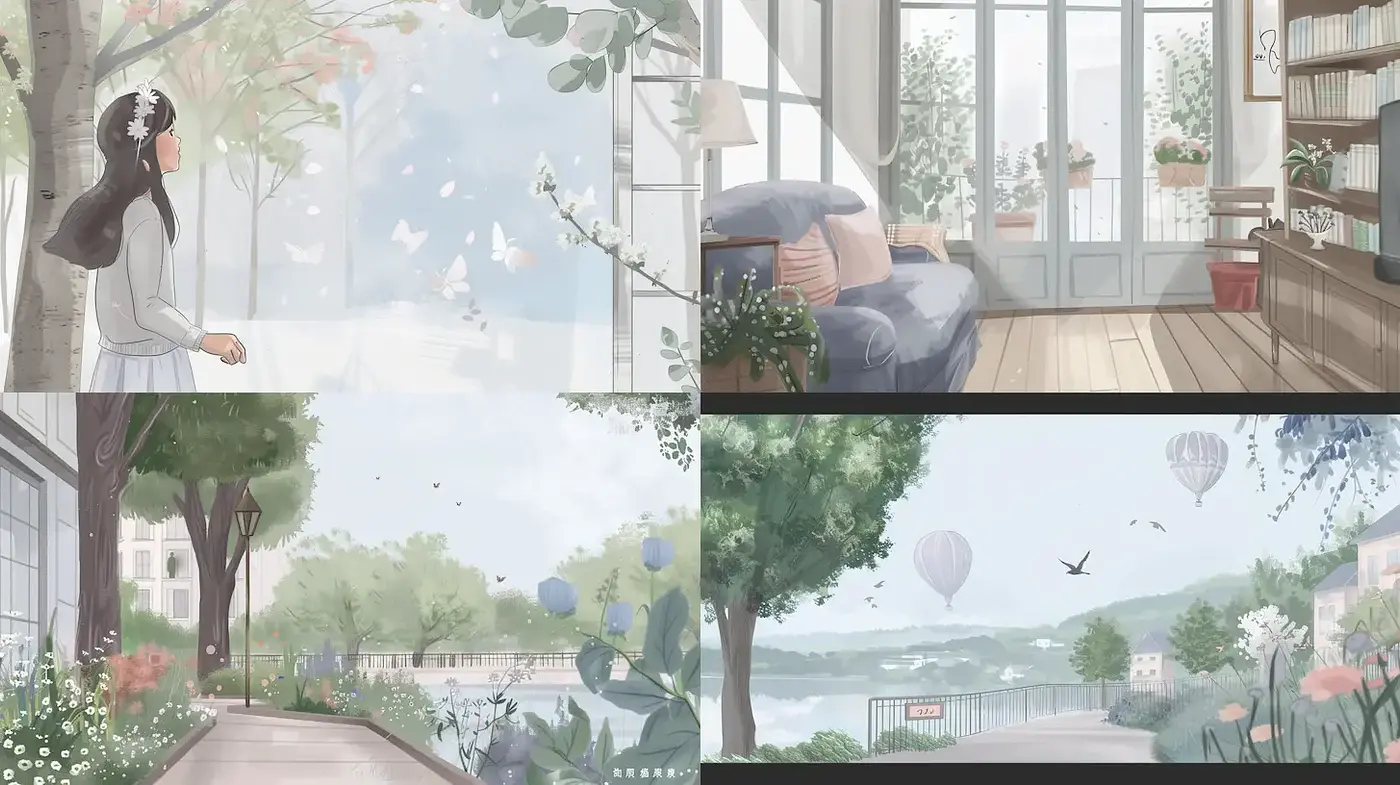 Serene and Dreamy Illustrative Style with Soft Natural Elements - Midjourney sref style