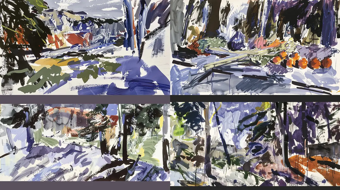 Dynamic Brushwork and Rich Contrasting Tones in Semi-Abstract Landscapes - Midjourney sref style