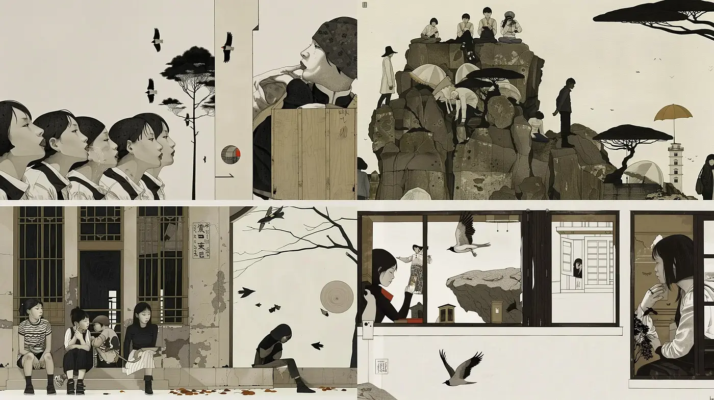 Monochromatic Storybook Panorama with a Touch of Sepia - Midjourney sref style