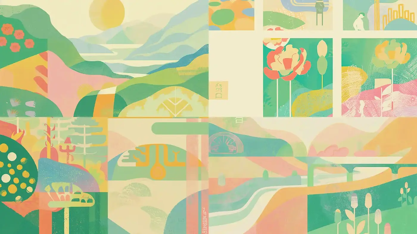 Pastoral Serenity with Soft Color Gradients and Abstract Forms - Midjourney sref style