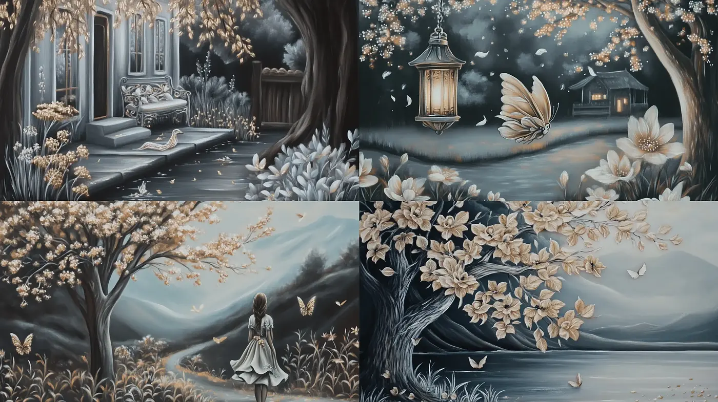 Monochromatic Twilight Dreamscape: A Serene and Storybook-Inspired Ambiance - Midjourney sref style