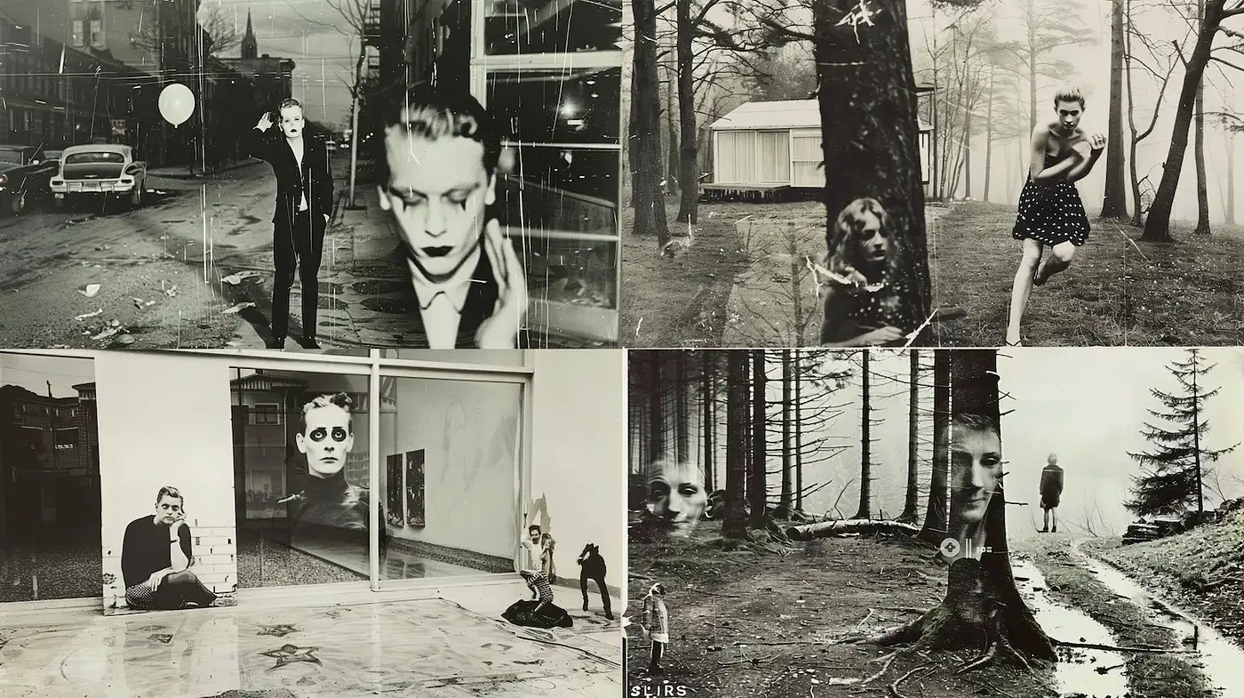 Surrealistic and moody portrayal of human figures amidst urban and natural landscapes - Midjourney sref style