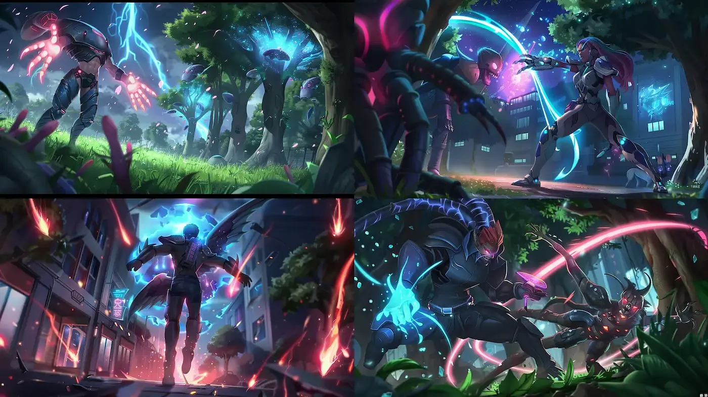 Futuristic and Dynamic Sci-Fi Battle with Neon Accents - Midjourney sref style