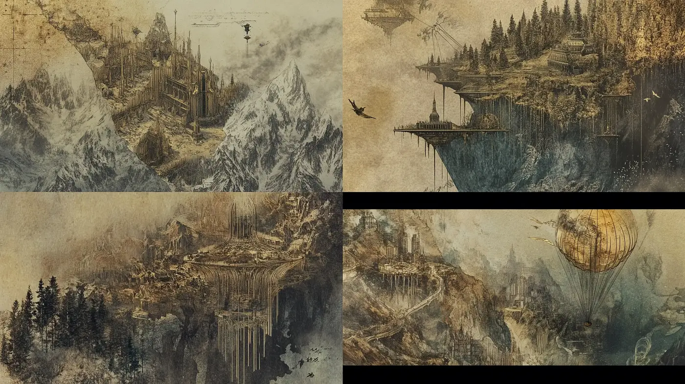 Ethereal Steampunk Landscape Montages with a Vintage Essence - Midjourney sref style