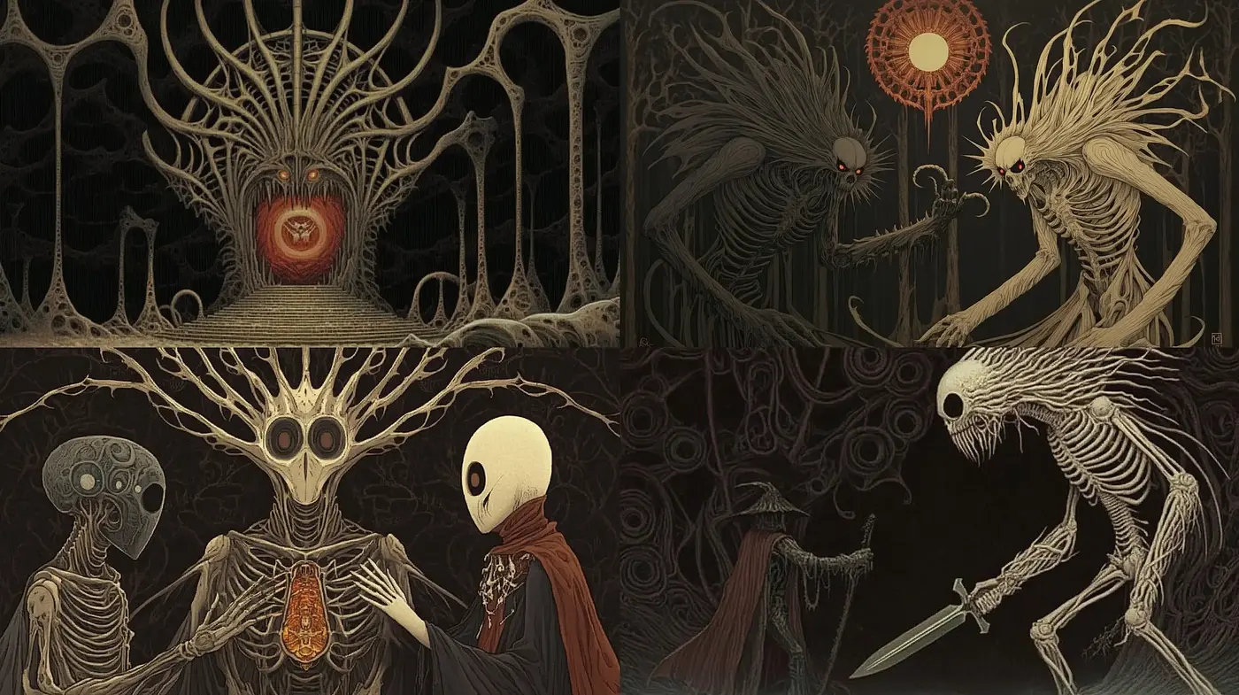 Ethereal Nocturnal Saga: Stygian Hues and Surrealist Forms - Midjourney sref style