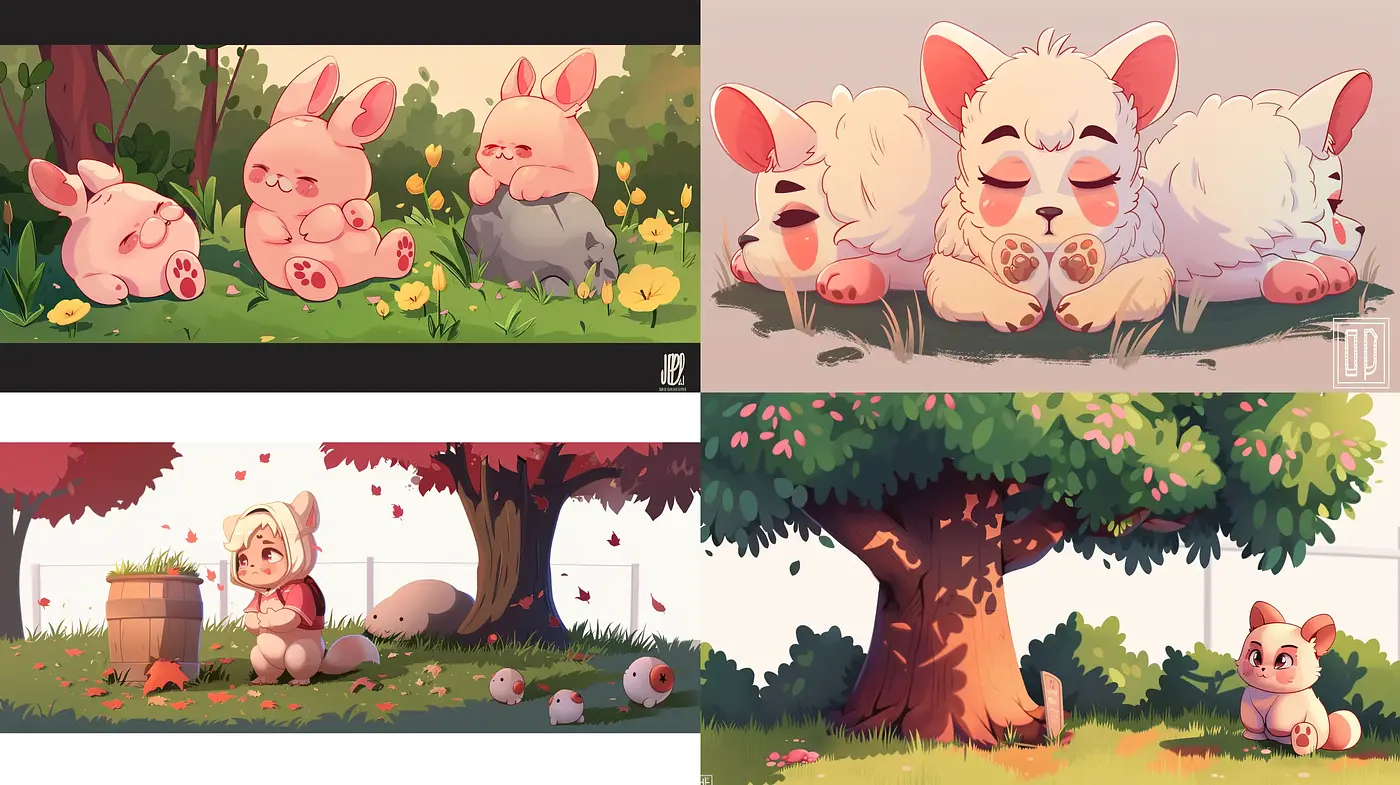 Serene Pastoral Whimsy: A Harmonious Ballet of Soft Colors and Tender Illustration - Midjourney sref style