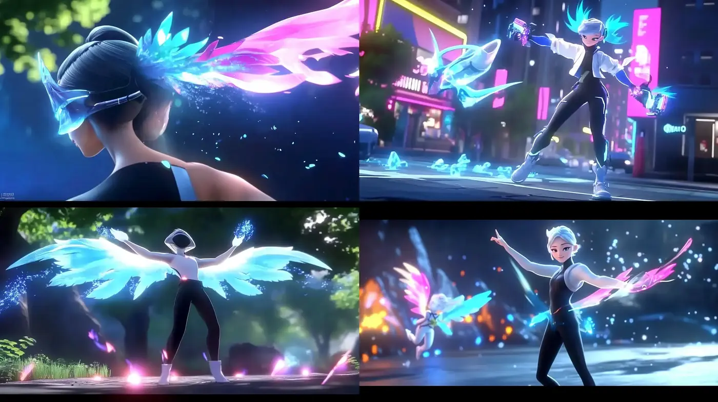 Neon-lit Digital Fantasia with Ethereal Winged Character - Midjourney sref style