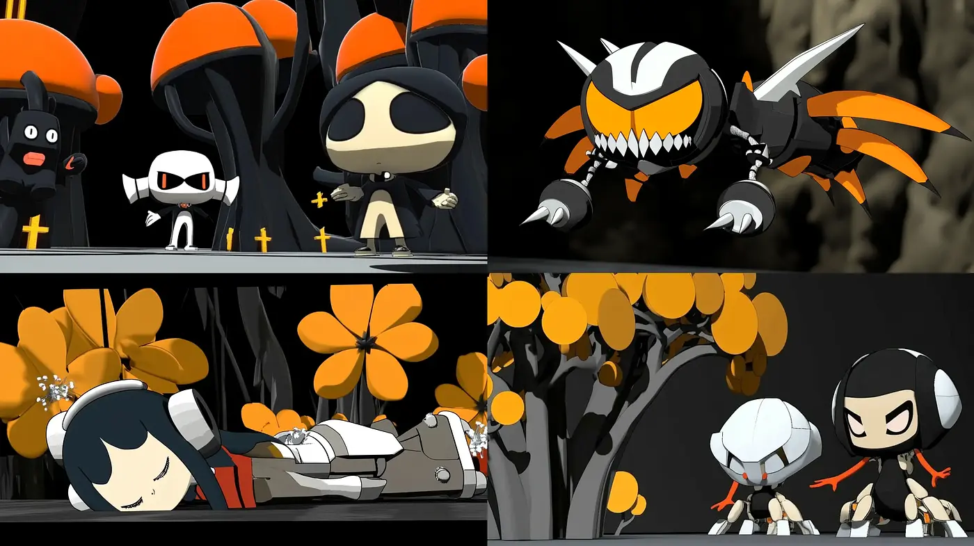 Stylized Contrast of Monochrome and Vibrant Oranges: A Contemporary Animated Fusion - Midjourney sref style