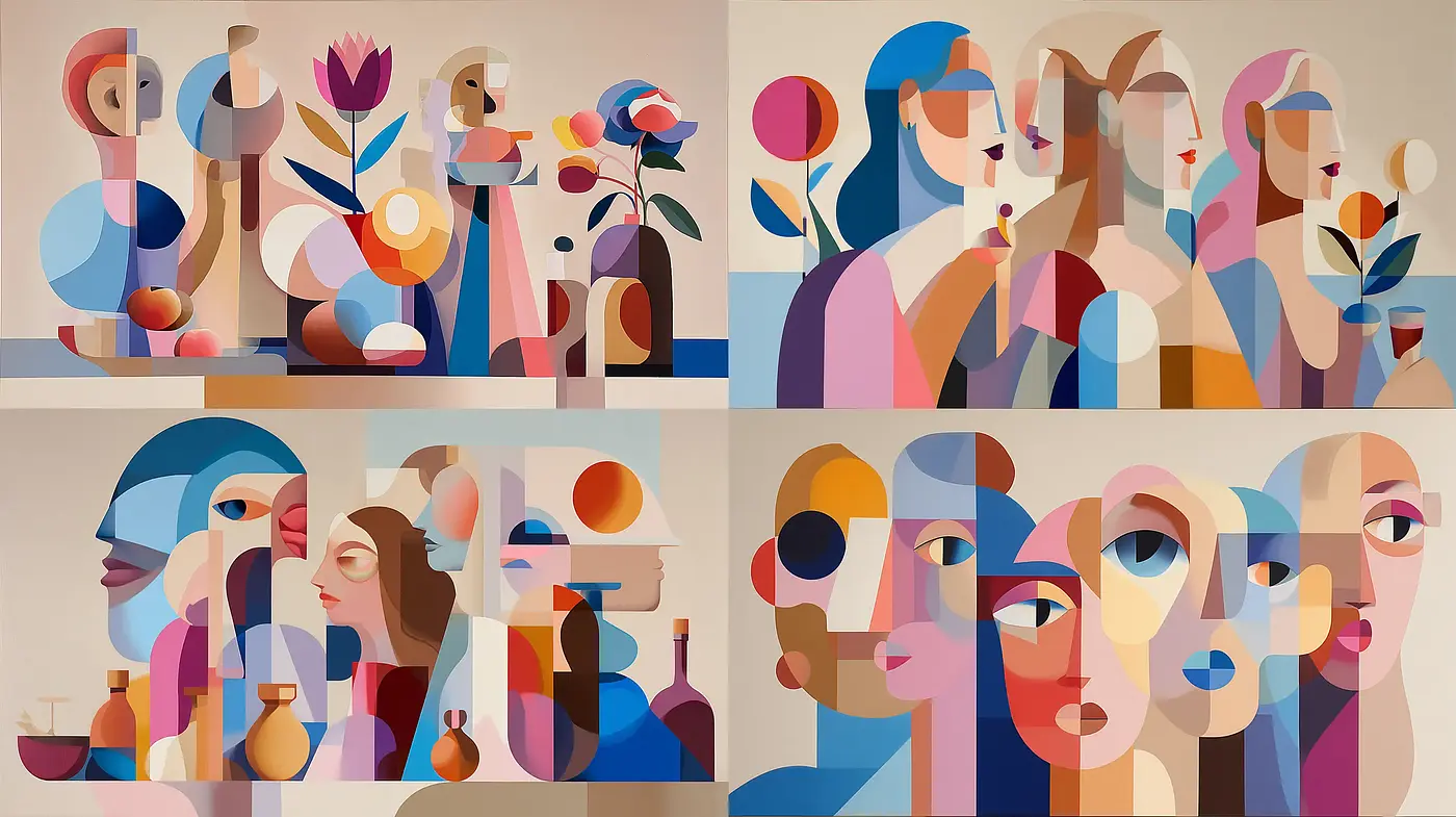 Contemporary abstract portraiture with playful color juxtaposition and organic forms - Midjourney sref style