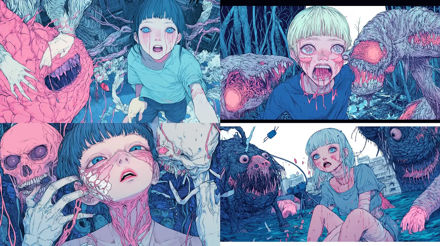Eerie Anime-Inspired Horror with Ethereal Hues and Intense Emotion - Midjourney sref style