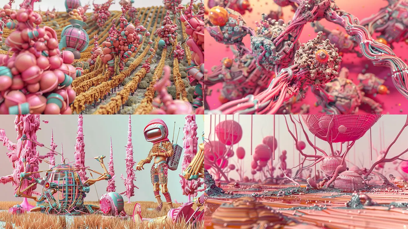 Surreal Dreamscape Fusion with Organic and Mechanical Elements - Midjourney sref style