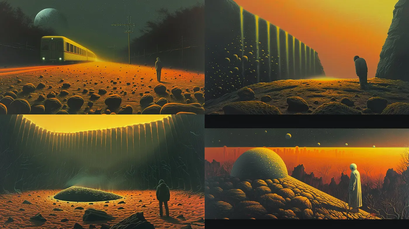 Surreal Dusk Undertones: A Synthesis of Simon Stålenhag's Sci-Fi Nostalgia - Midjourney sref style