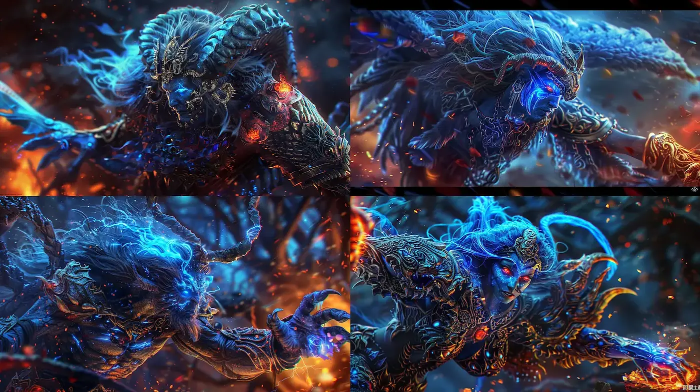 Dynamic Fantasy Artwork Featuring Ethereal Creatures with Intricate Textures and Shadows - Midjourney sref style